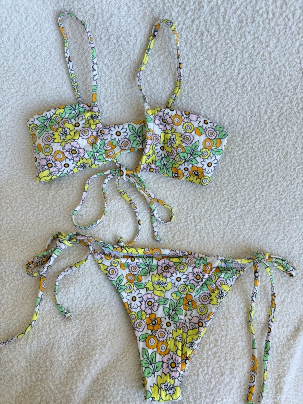 Floral Ribbed Adjustable Side Tie Bikini